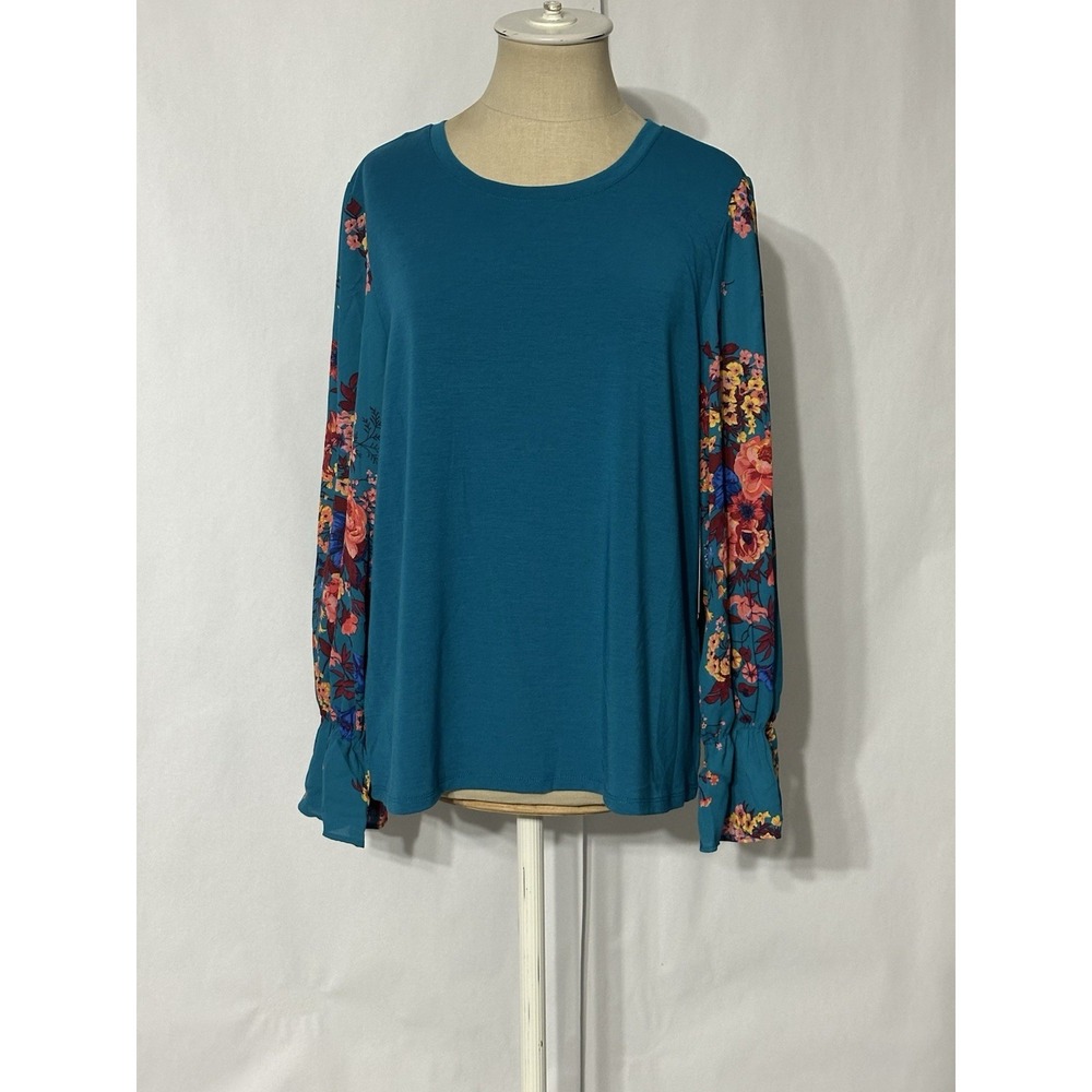 The Pioneer Woman Women's Large Teal Blue Floral Long Sleeve Knit Top
